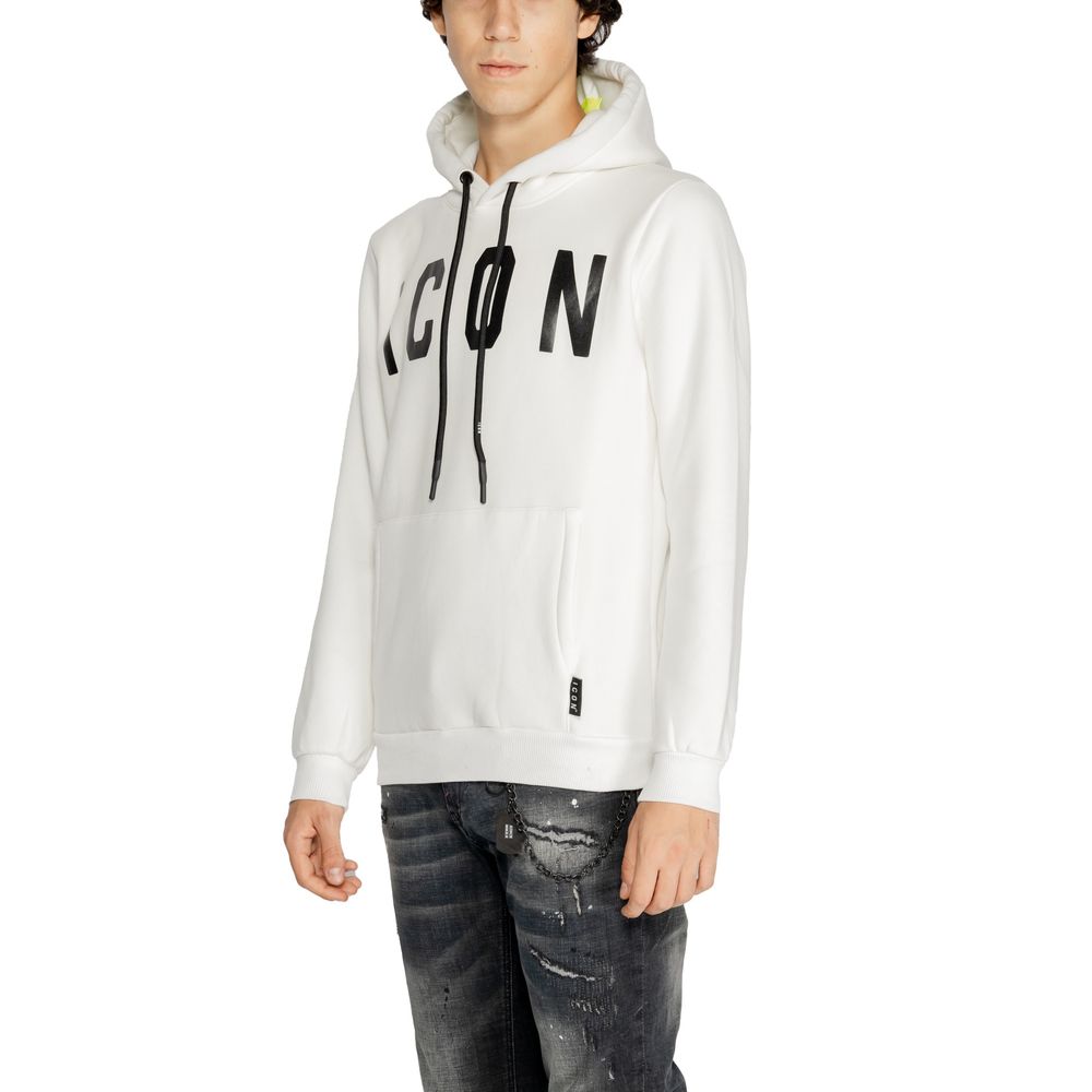 Icon White Cotton Hoodie with large black logo, worn by a male model, featuring a front pocket for minimalistic style and comfort.