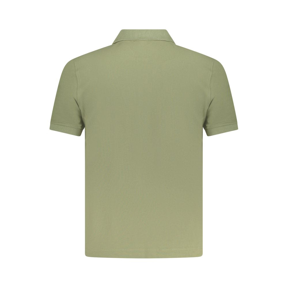 Back view of K-WAY Green Cotton Polo Shirt, showcasing short sleeves, two buttons, and logo application.