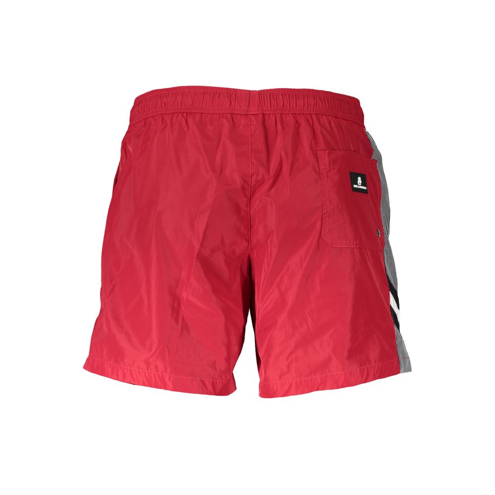 Karl Lagerfeld Red Polyester Swimwear, men's medium swim boxer with pockets, drawstring, and logo.