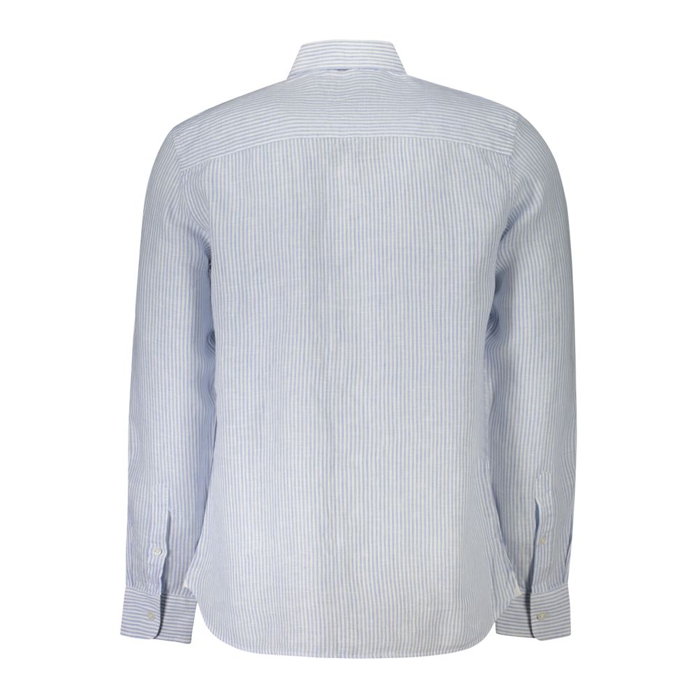 Back view of North Sails Blue Linen Shirt with long sleeves, French collar, and striped design, featuring logo embroidery.