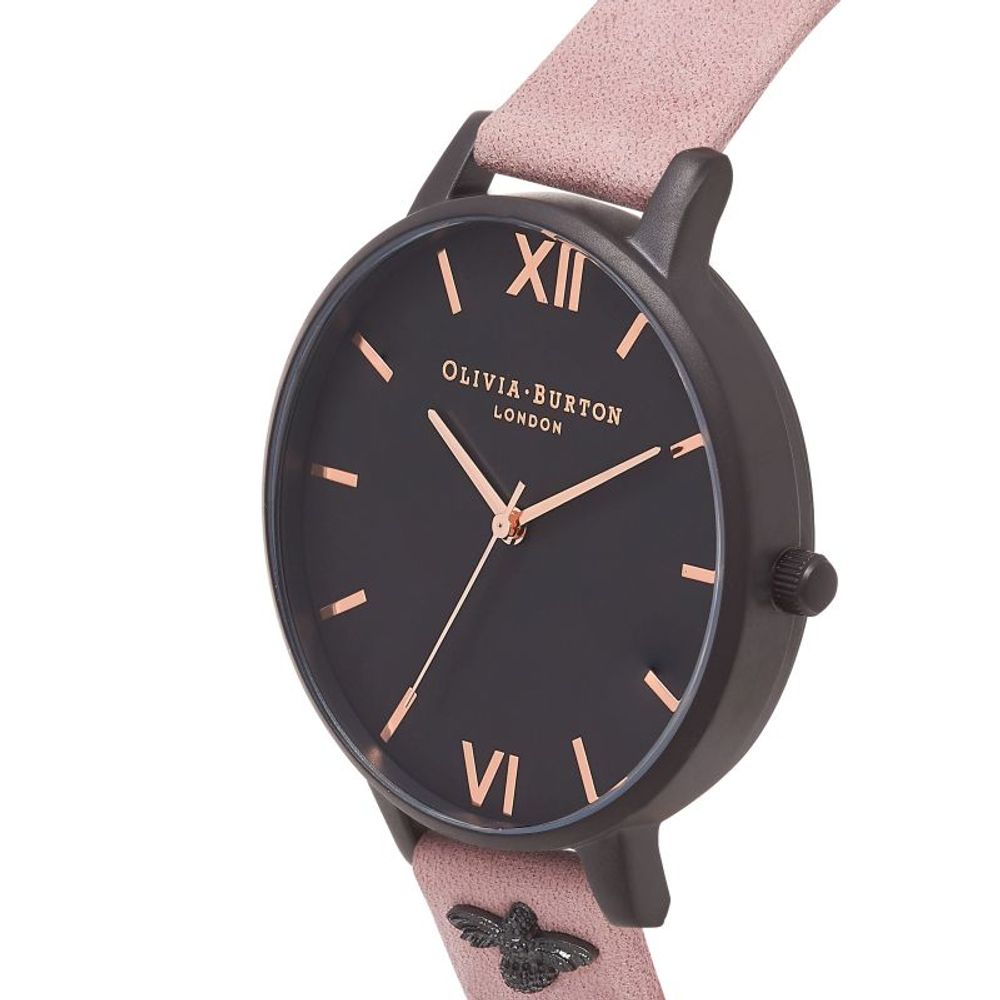 Olivia Burton Multicolor Artificial Leather Dress Watch with black dial, pink synthetic leather strap, and black stainless steel case.