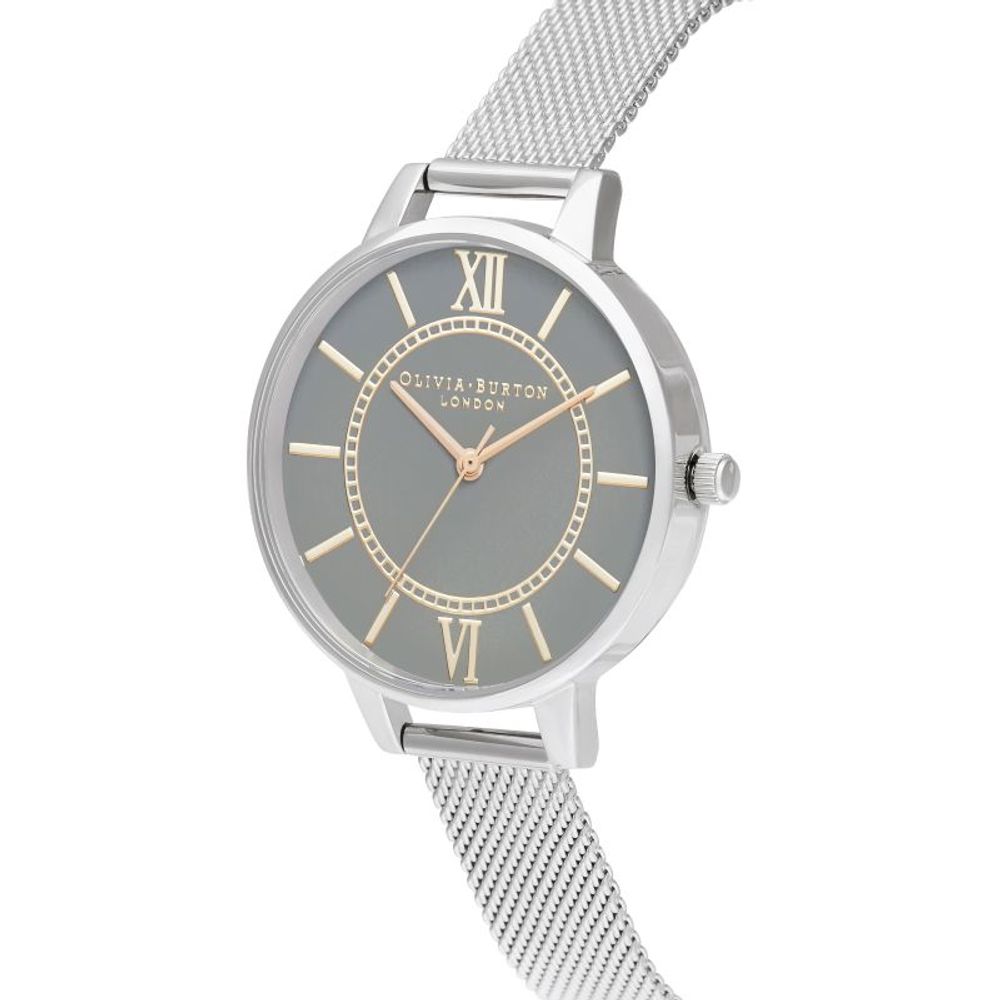Olivia Burton Silver Stainless Steel Dress Watch with grey dial, analog display, and sliding closure, 34mm case, water-resistant 1 ATM.