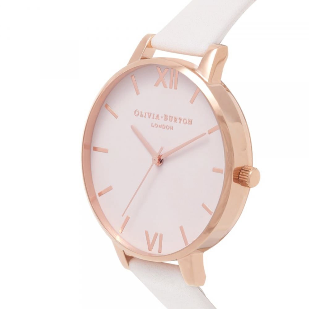 Olivia Burton White Artificial Leather Dress Watch with pink dial and stainless steel case.