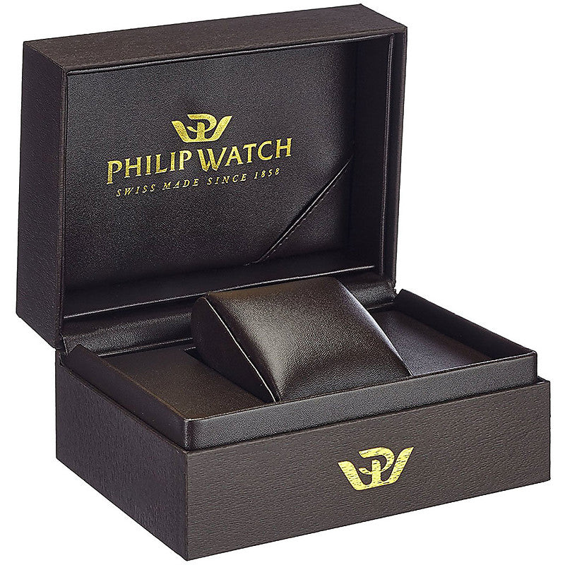 Luxury watch box for PHILIP WATCH Mod. R8273995006, showcasing premium packaging for chronograph wristwatch, gent's sapphire dial.