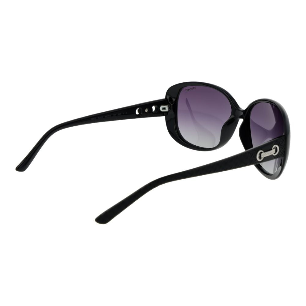 Polaroid Black Plastic Sunglasses with purple polarized lenses, full-rim black butterfly style frame for women, UVA & UVB protection.