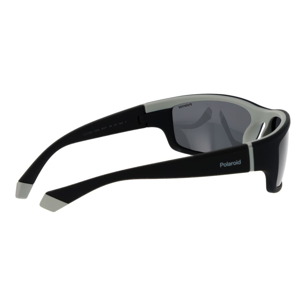 Polaroid Black Rubber Sunglasses for men featuring black full-rim design, grey polarized lenses, and rectangle style, offering 100% UVA & UVB protection.