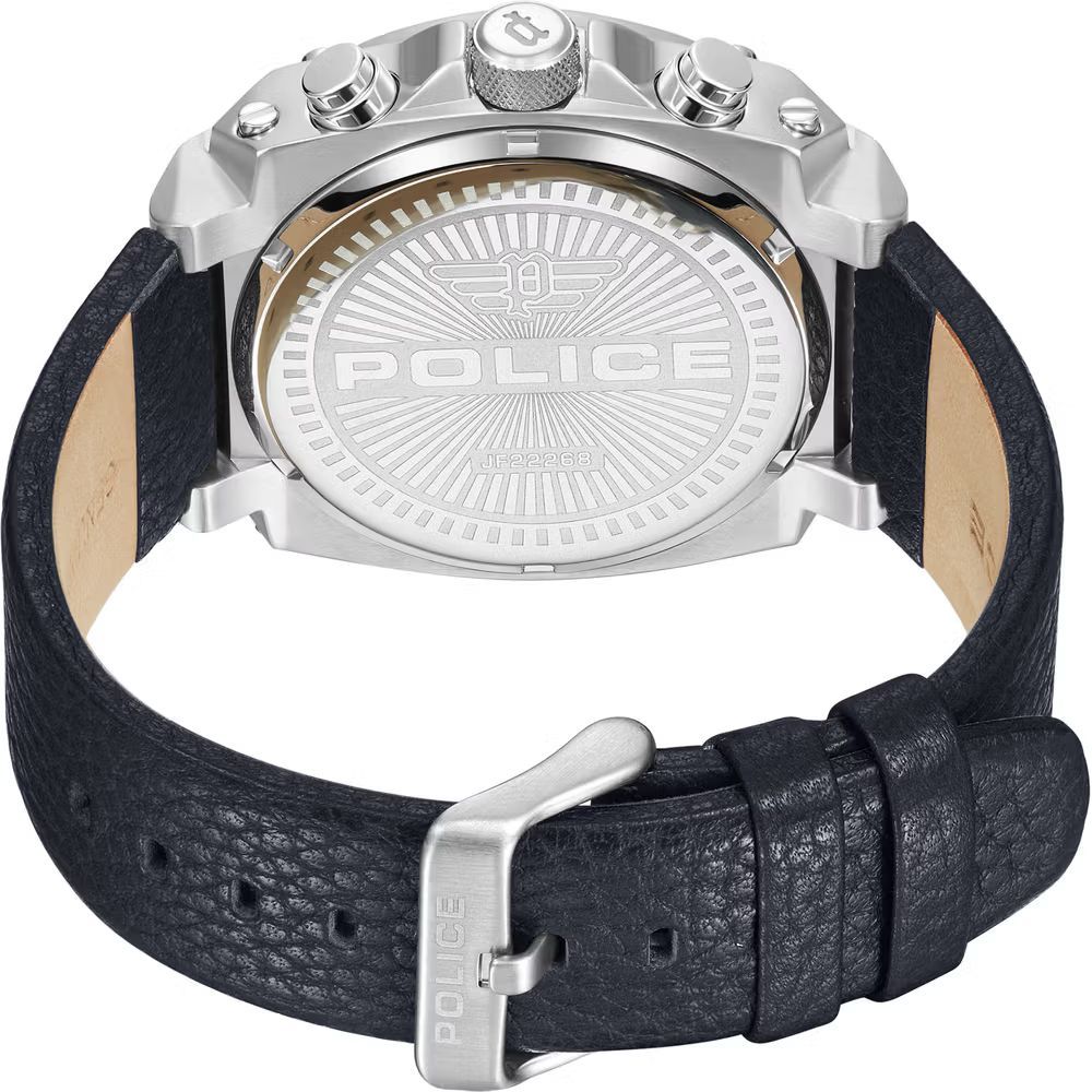 Back view of Police Blue Leather Dress Watch with stainless steel case and blue leather strap