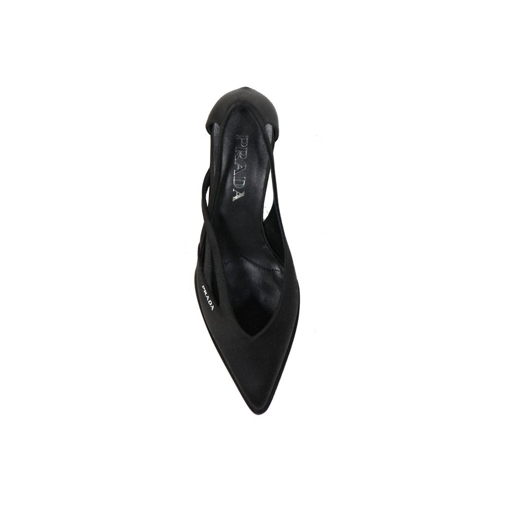 Prada Black Silk Mid Heel Pumps with pointed toe, leather insole, and cut-out details. Elegant slip-on design for women.