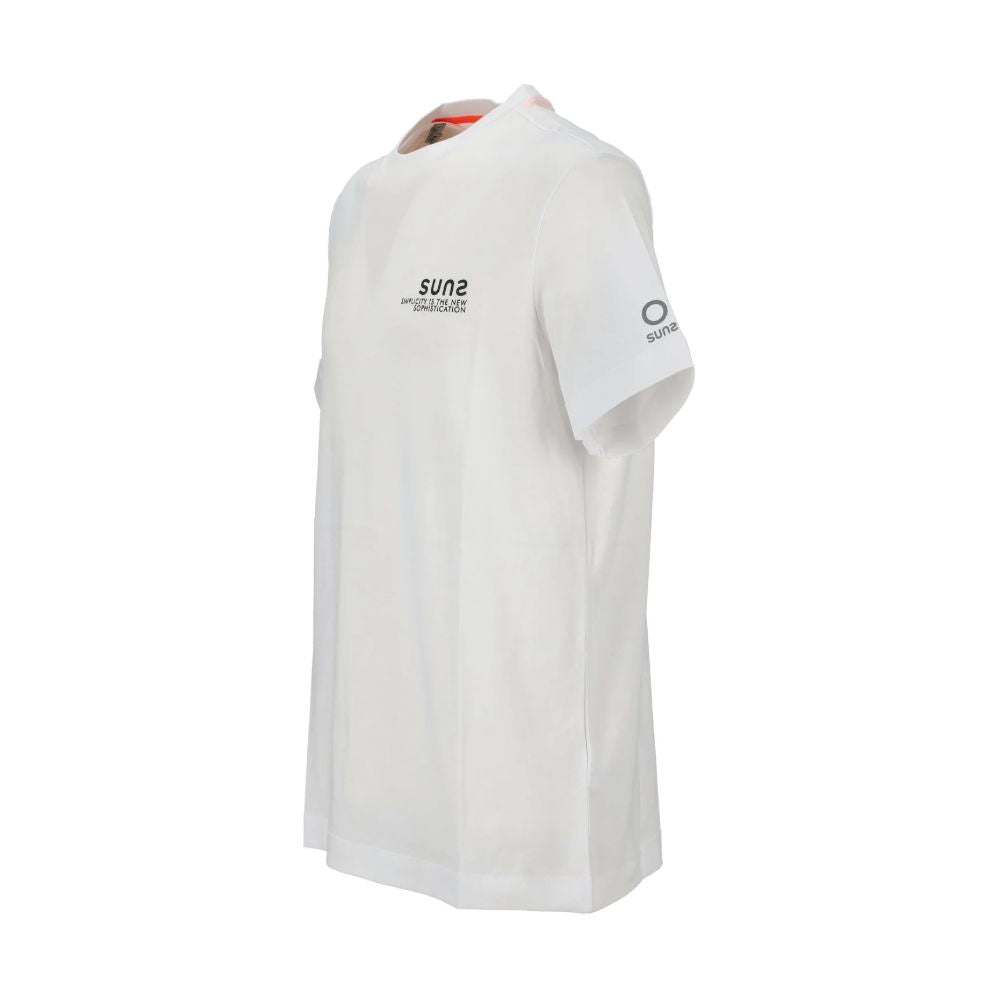 Suns White Cotton T-Shirt with crew neck, elasticated sleeves, and logo on left sleeve, made of stretchable cotton fabric.