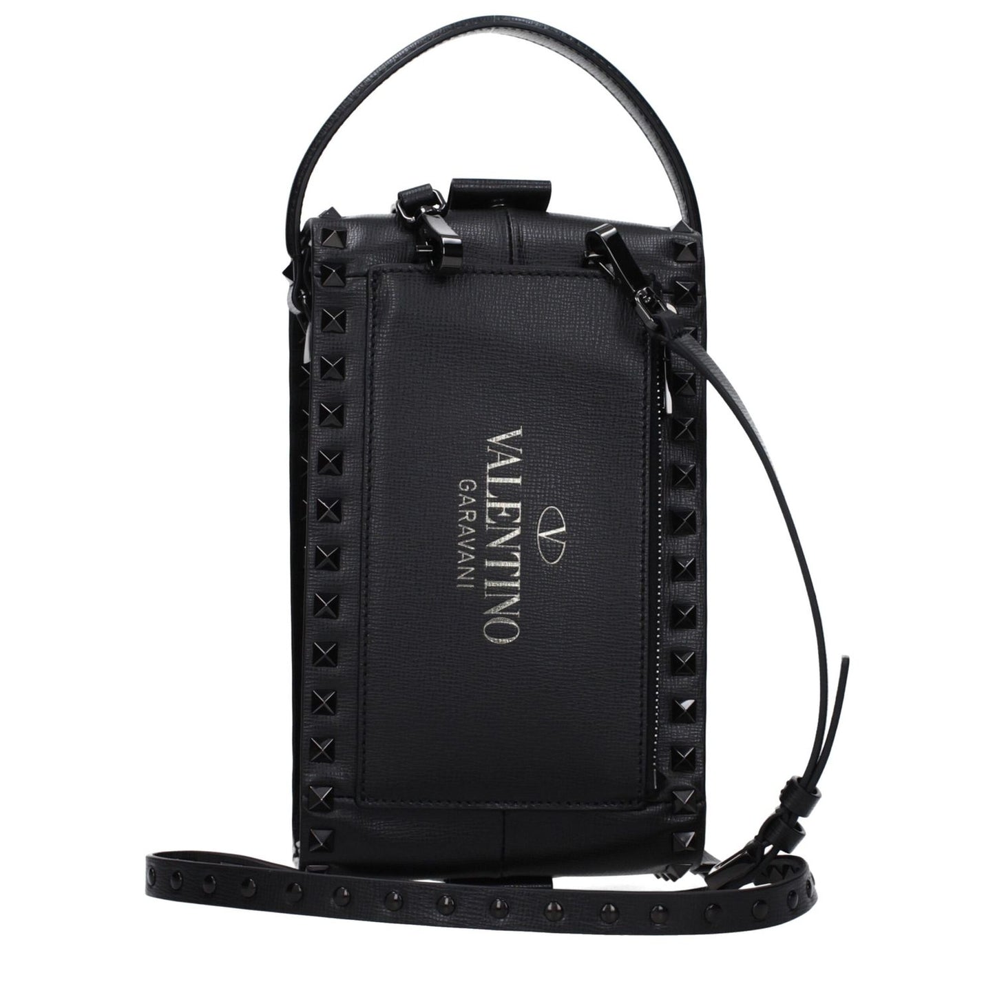 Valentino Garavani Black Leather Clutch Bag with studs, back logo, and adjustable removable shoulder strap, MPN B0B33TLL0NO, code F83222