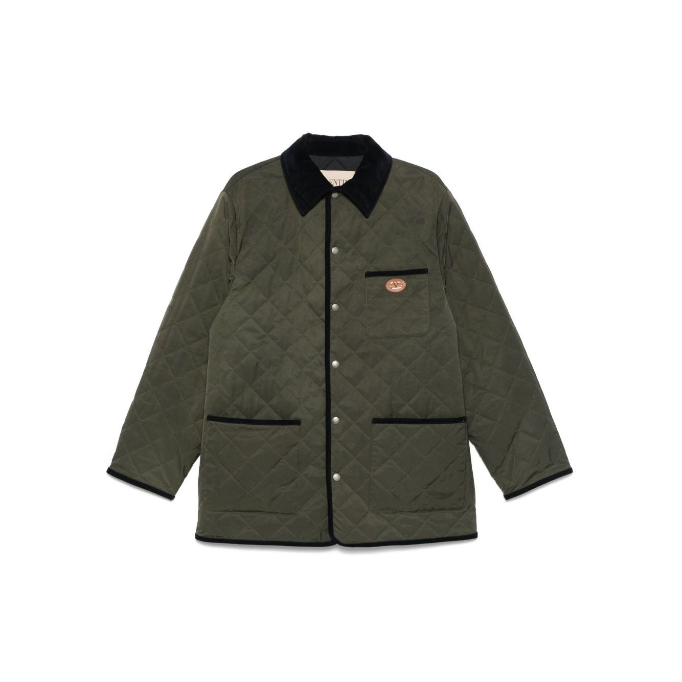 Valentino Vlogo Signature quilted jacket in olive green with contrasting collar and trim, featuring front patch pockets and press-stud fastening.