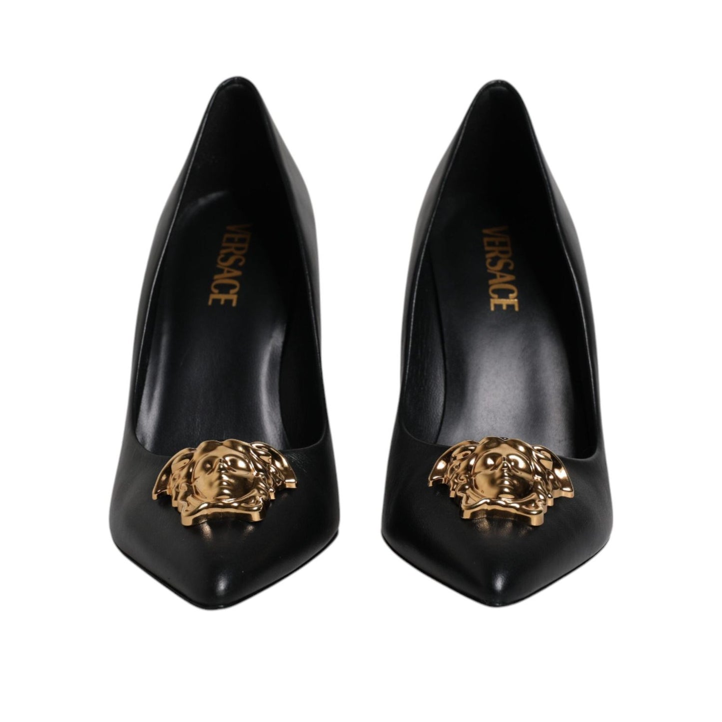 Versace Black Leather Logo Plaque High Heels Pumps Shoes LA12125-37