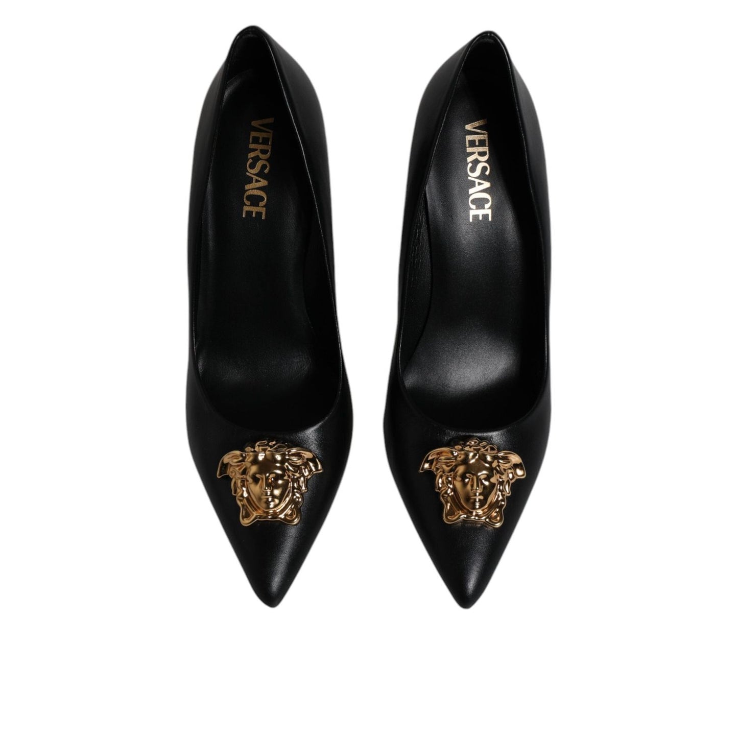 Versace Black Leather Logo Plaque High Heels Pumps Shoes LA12125-37