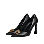 Versace Black Leather Logo Plaque High Heels Pumps Shoes LA12125-37
