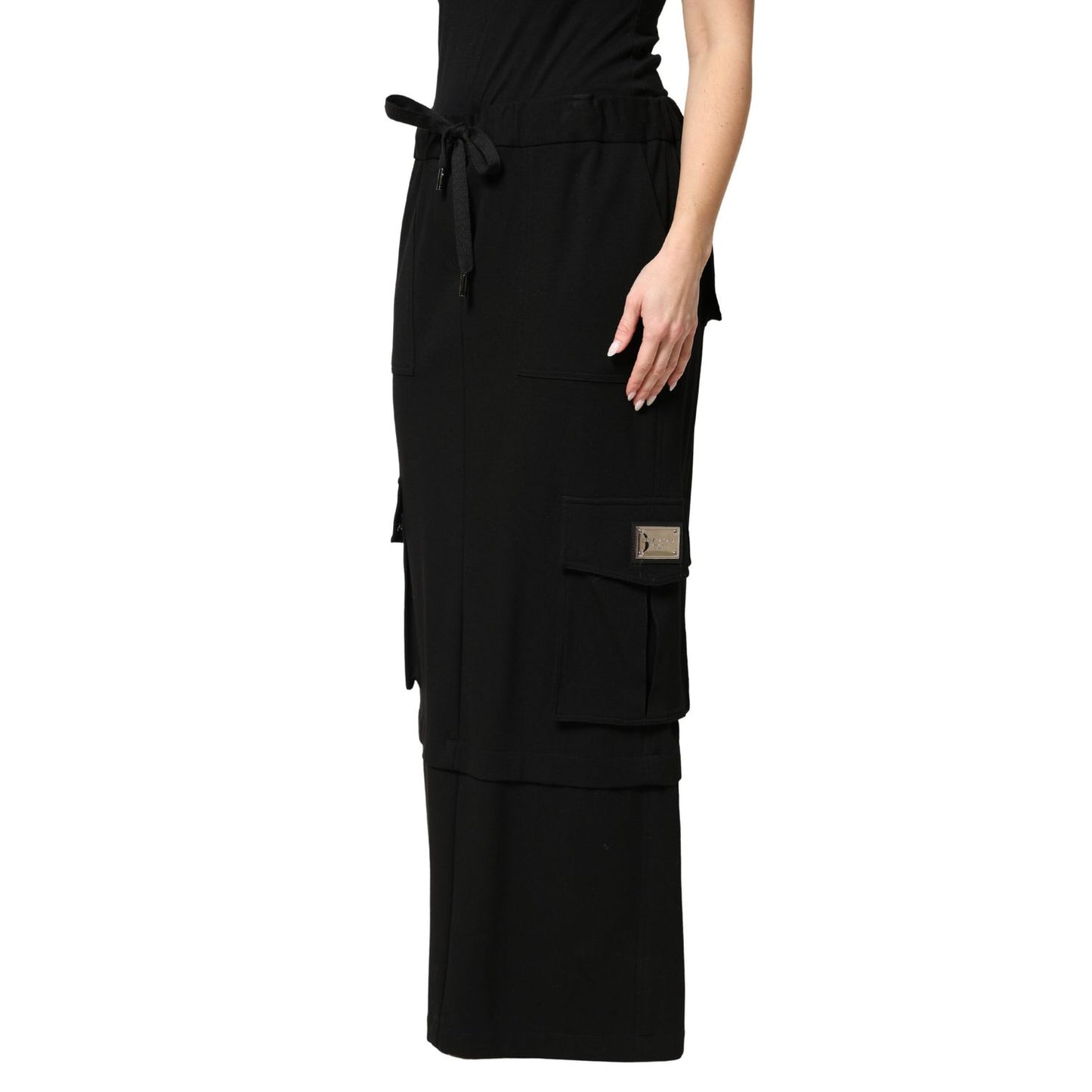 Dolce & Gabbana Black Cotton Drawstring Long Maxi Cargo Skirt