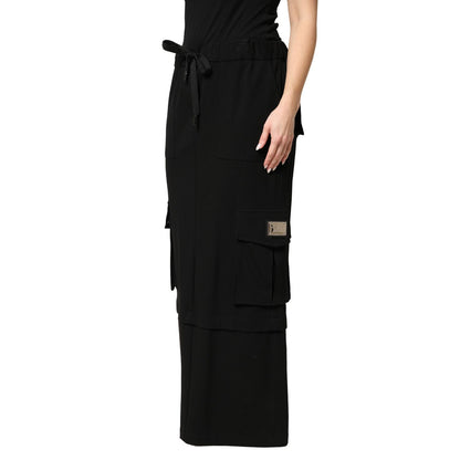 Dolce & Gabbana Black Cotton Drawstring Long Maxi Cargo Skirt