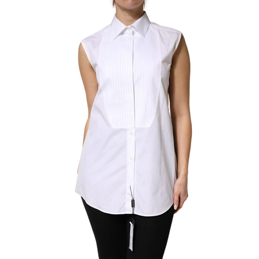 Dolce & Gabbana White Cotton Pleated Sleeveless Button Down Top