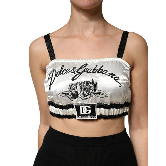 Dolce & Gabbana White Silk Satin Crop Black Logo Bralette Top