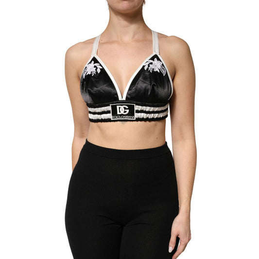 Dolce & Gabbana Black Floral Silk Satin Crop Logo Bralette Top
