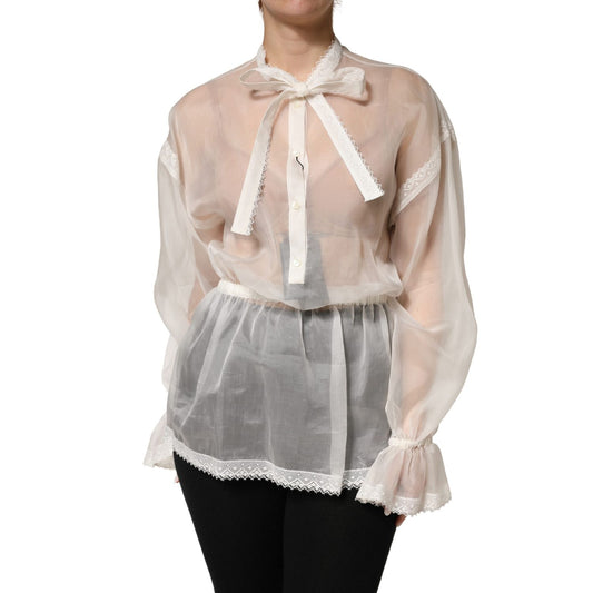 Dolce & Gabbana White Sheer Silk Blouse Lace Bow Tie Blouse Top