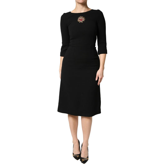 Dolce & Gabbana Black Wool Sacred Heart Patch Midi Dress