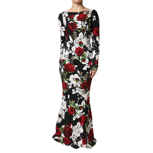 Dolce & Gabbana Black Floral Viscose Bodycon Long Gown Dress