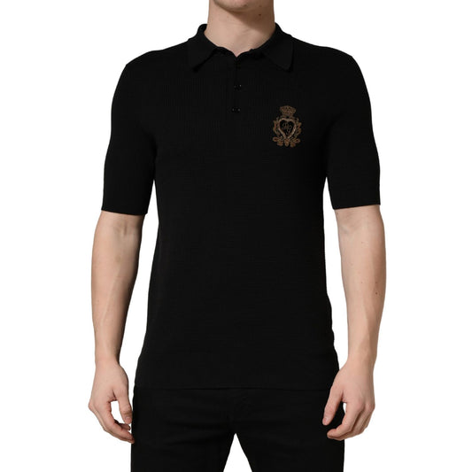 Dolce & Gabbana Black Heraldic Crest Patch Silk Polo T-shirt