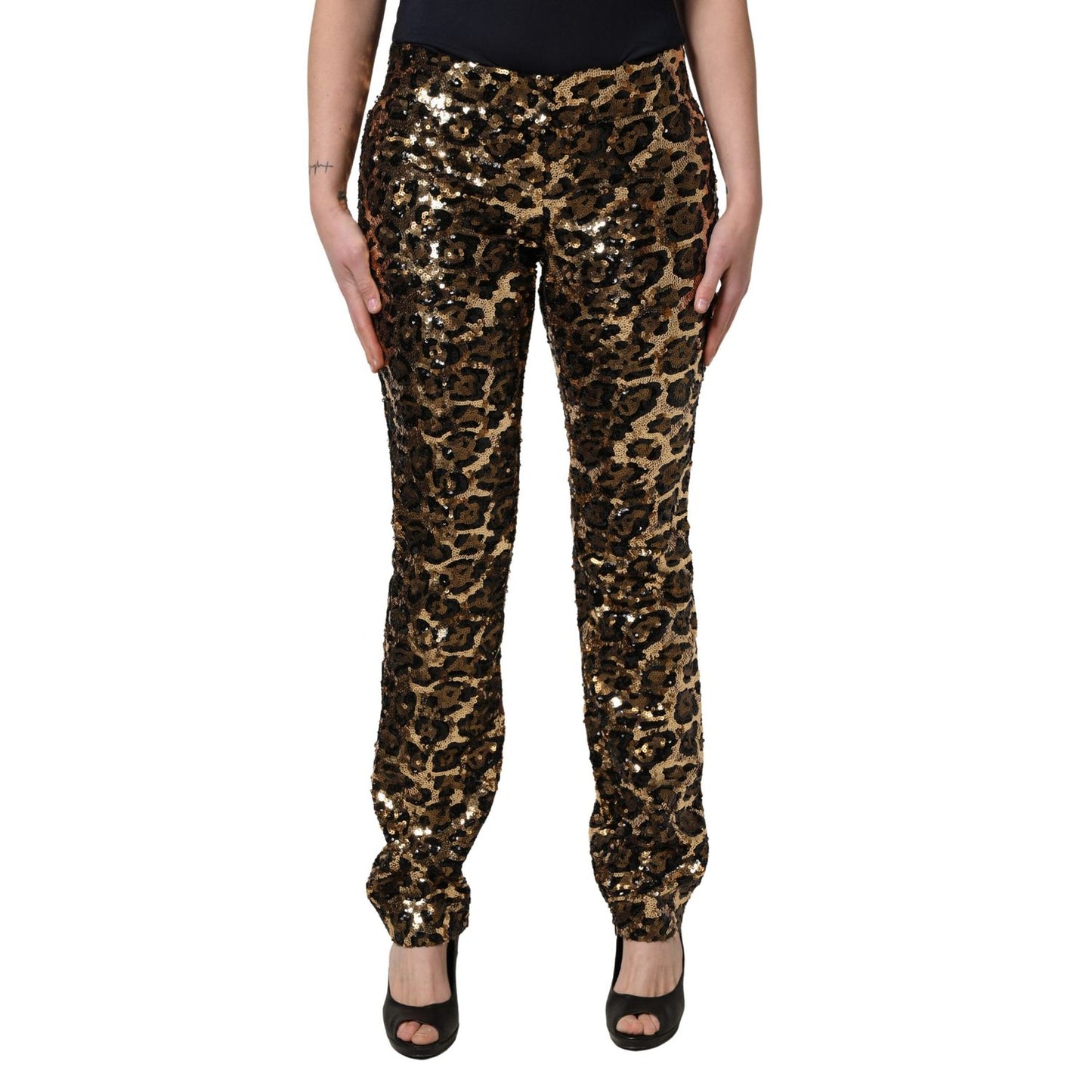Dolce & Gabbana Gold Leopard Sequined Straight Trouser Pants