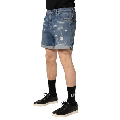Dolce & Gabbana Blue Cotton Distressed Denim Bermuda Shorts