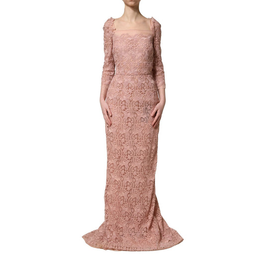 Dolce & Gabbana Pink Lace Long-Sleeved Evening Gown Dress