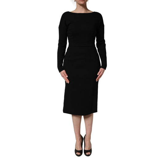 Dolce & Gabbana Black Wool Crepe Long Sleeves Midi Dress