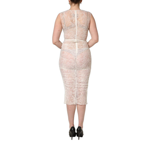 Dolce & Gabbana White Floral Lace Sheer Sleeveless Midi Dress