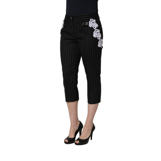Dolce & Gabbana Black Lace Applique Pinstripe Cropped Pants