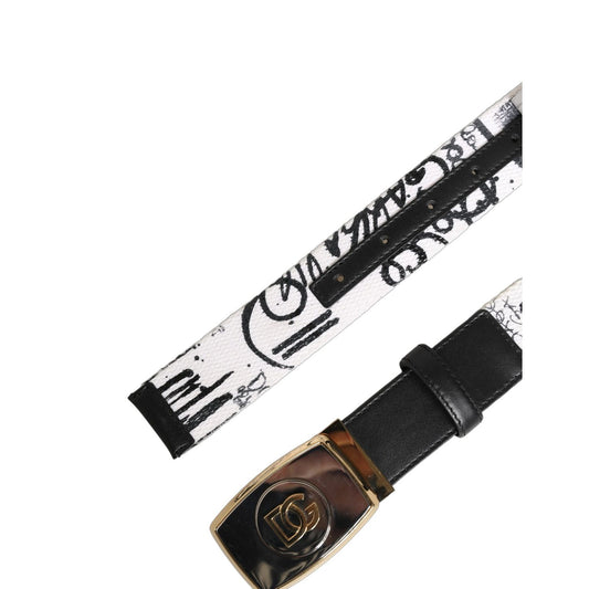 Dolce & Gabbana White Graffiti Print Gold Metal Buckle Belt