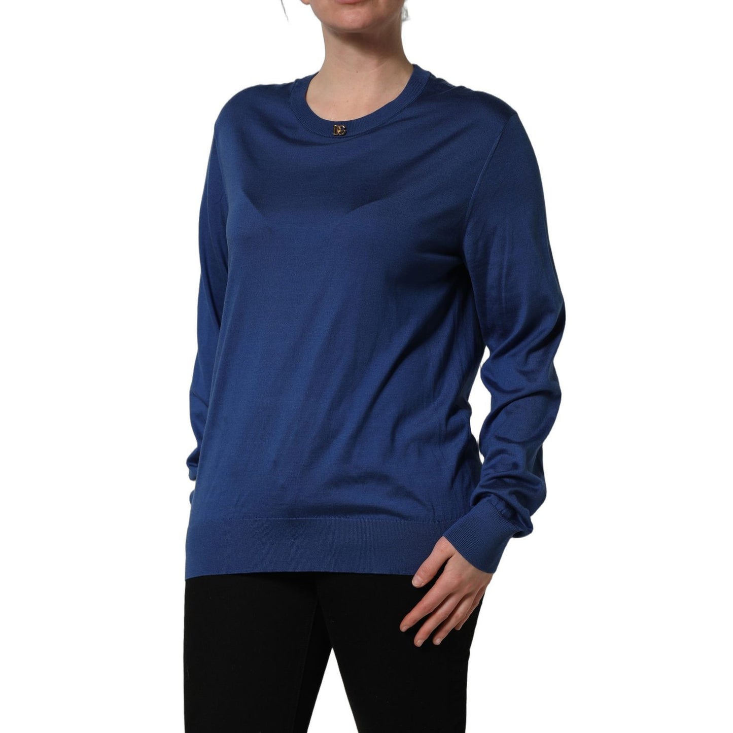 Dolce & Gabbana Blue Silk DG Logo Crew Neck Pullover Sweater