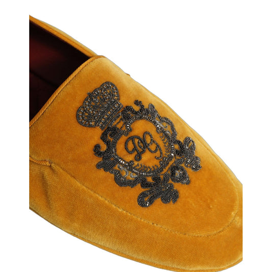 Dolce & Gabbana Yellow Velvet Crown Embroidery Loafers Shoes