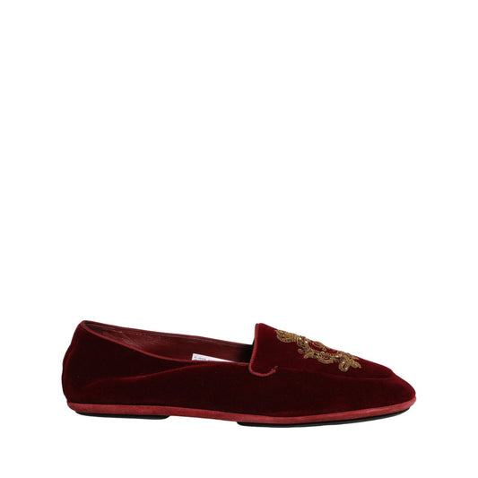 Dolce & Gabbana Maroon Velvet Crown Embroidery Loafers Shoes