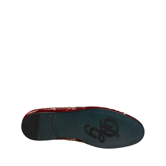 Dolce & Gabbana Red Velvet Floral Embroidery Loafers Shoes