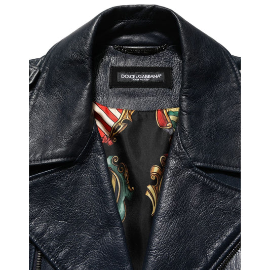 Dolce & Gabbana Black Leather Men Biker Coat Goatskin Jacket