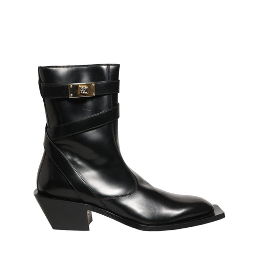 Dolce & Gabbana Black Leather DG Plaque Mid Calf Boots Shoes