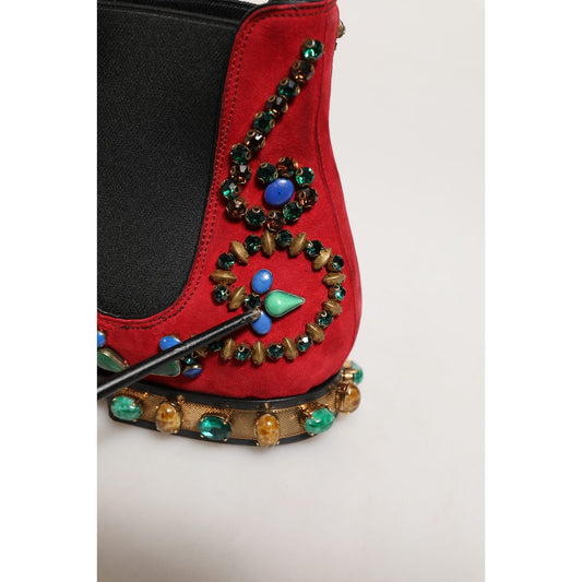 Dolce & Gabbana Red Embellished Chelsea Ankle Boots Shoes