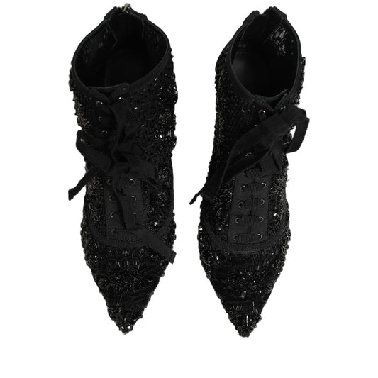 Dolce & Gabbana Black Embellished Mesh Ankle Boots Shoes