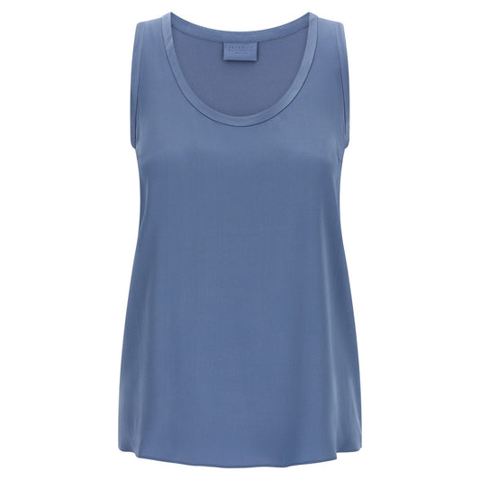 Brunello Cucinelli Blue Silk Sleeveles T-Shirt