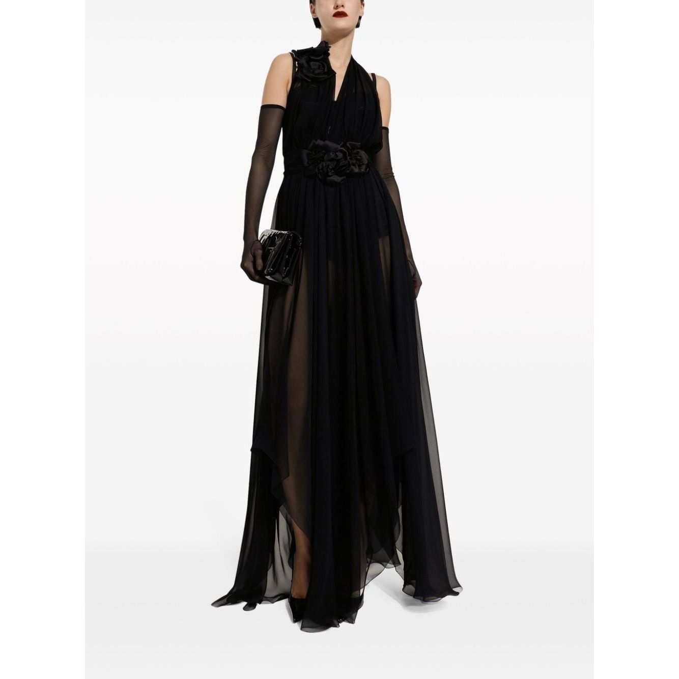 Dolce & Gabbana Long silk chiffon dress with floral appliqué