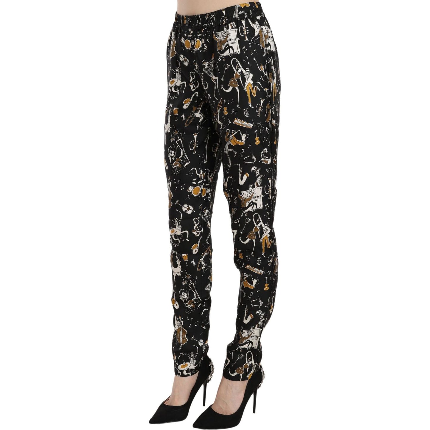 Dolce & Gabbana Black Jazz Club Print High Waist Tapered Pants Jeans & Pants