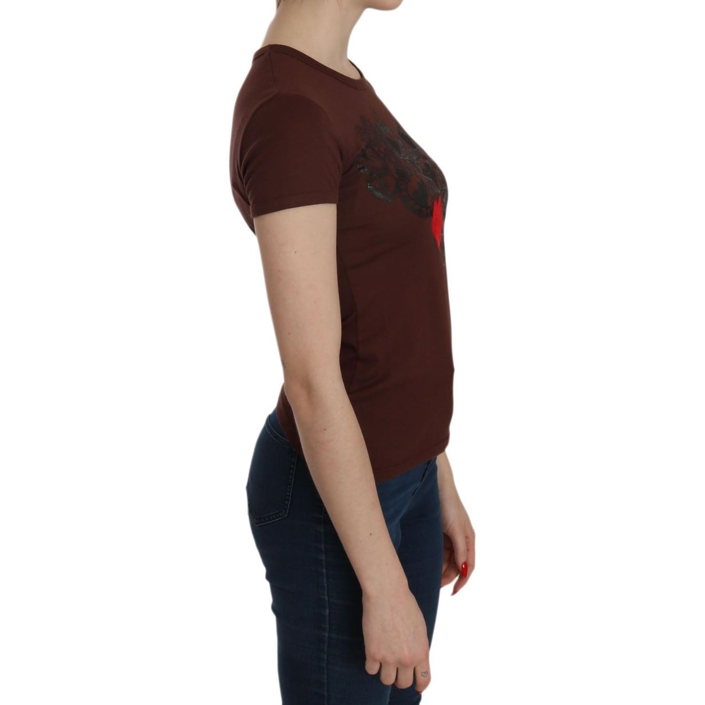 Exte Brown Heart Print Crew Neck T-shirt Short Sleeve Blouse TSH3716-42