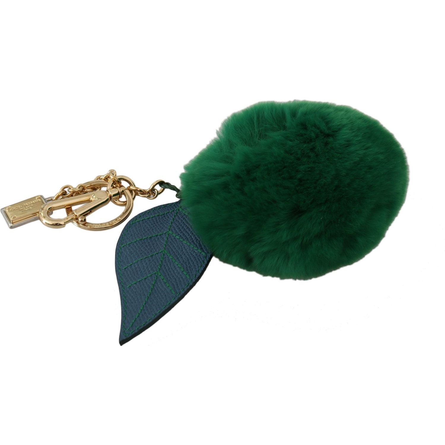 Dolce & Gabbana Green Leather Fur Gold Clasp Keyring Women Keychain