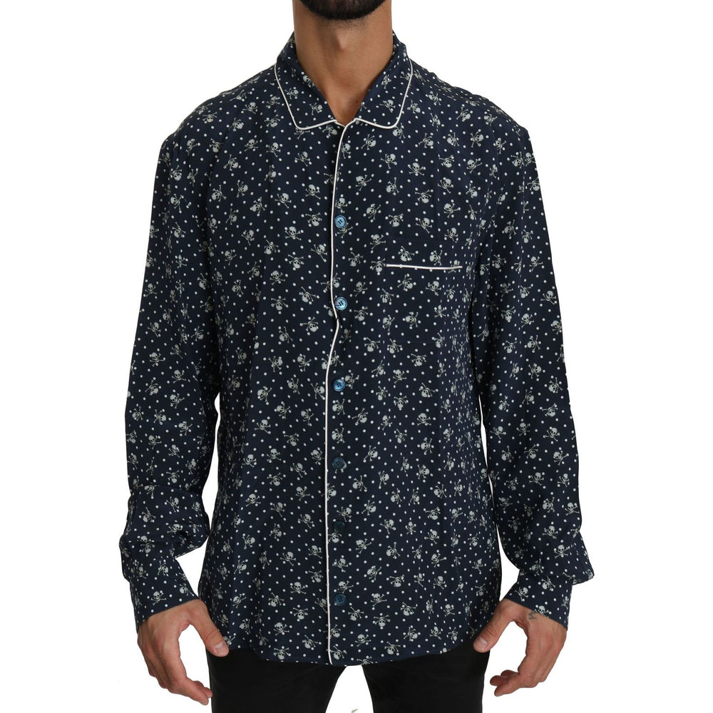 Dolce & Gabbana Silken Elegance: Blue Skull Print Lounge Shirt Dolce & Gabbana Black