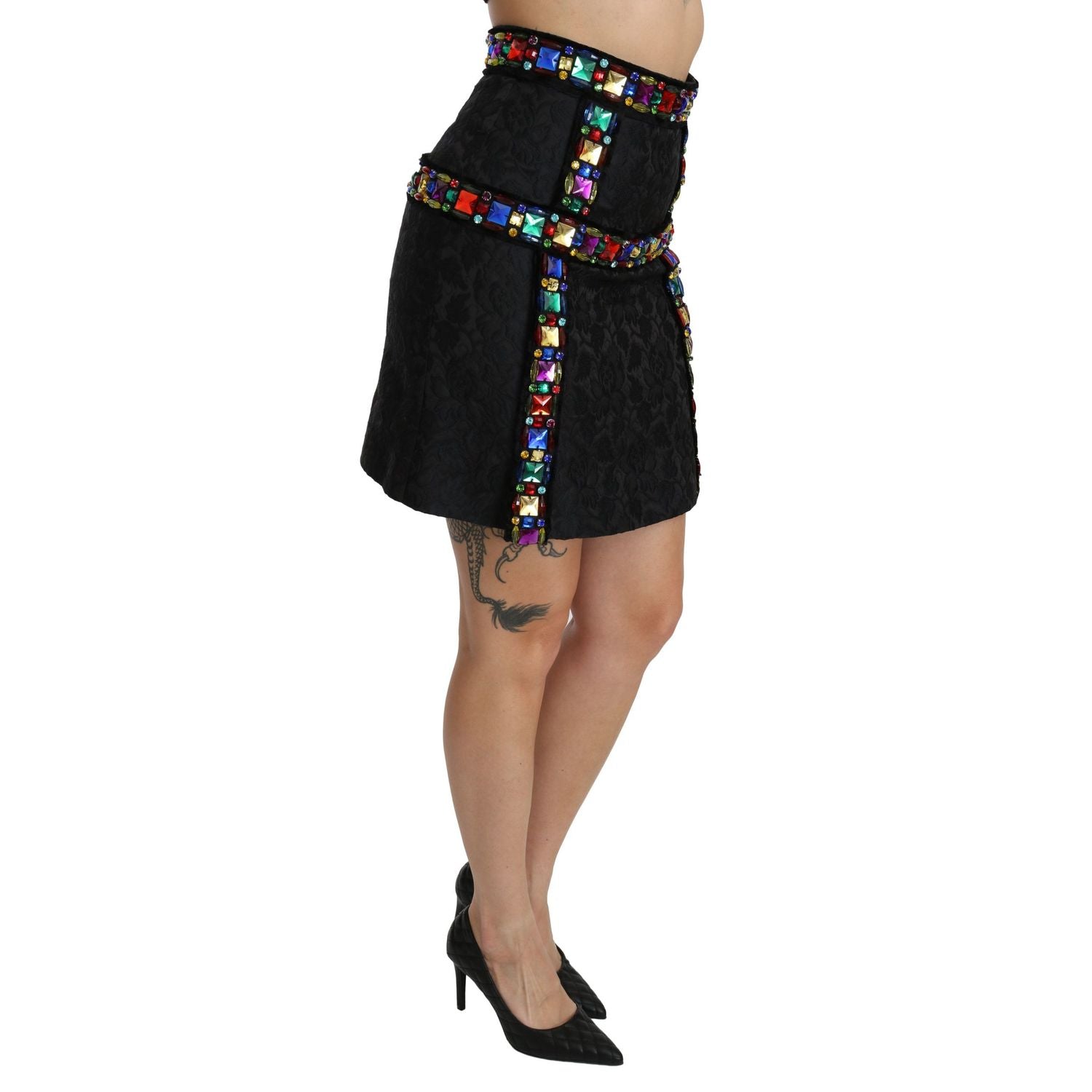 Dolce & Gabbana Black Crystal Embellished High Waist Skirt