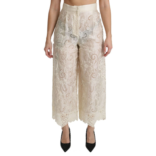 Dolce & Gabbana Cream Lace High Waist Palazzo Cropped Pants PAN70873-44